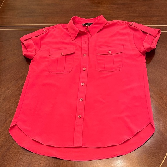 Karl Lagerfeld Hot Pink Button-Up Utility Blouse | Pocket Shirt - Picture 2 of 11